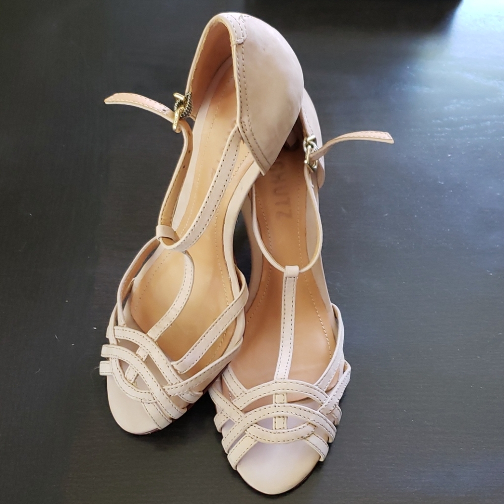 Strappy Schutz 2.5 inch heels. Tan suede.